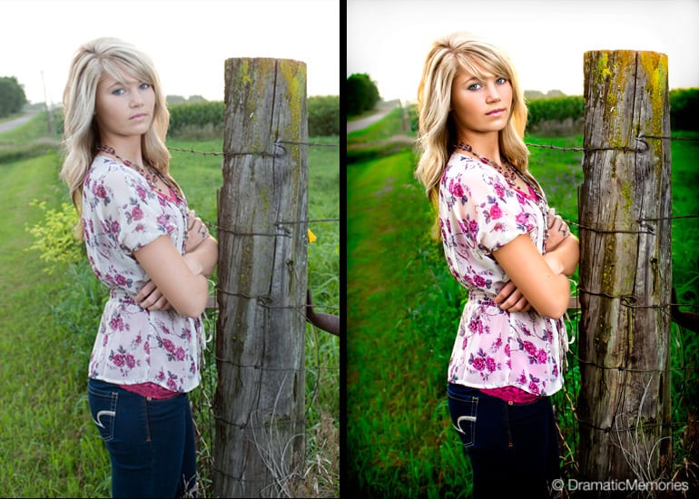 Senior girl in the country leaning on a fence post.