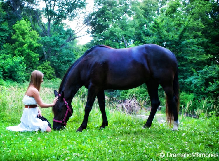 girl from a senior photoshoot petting her black horse